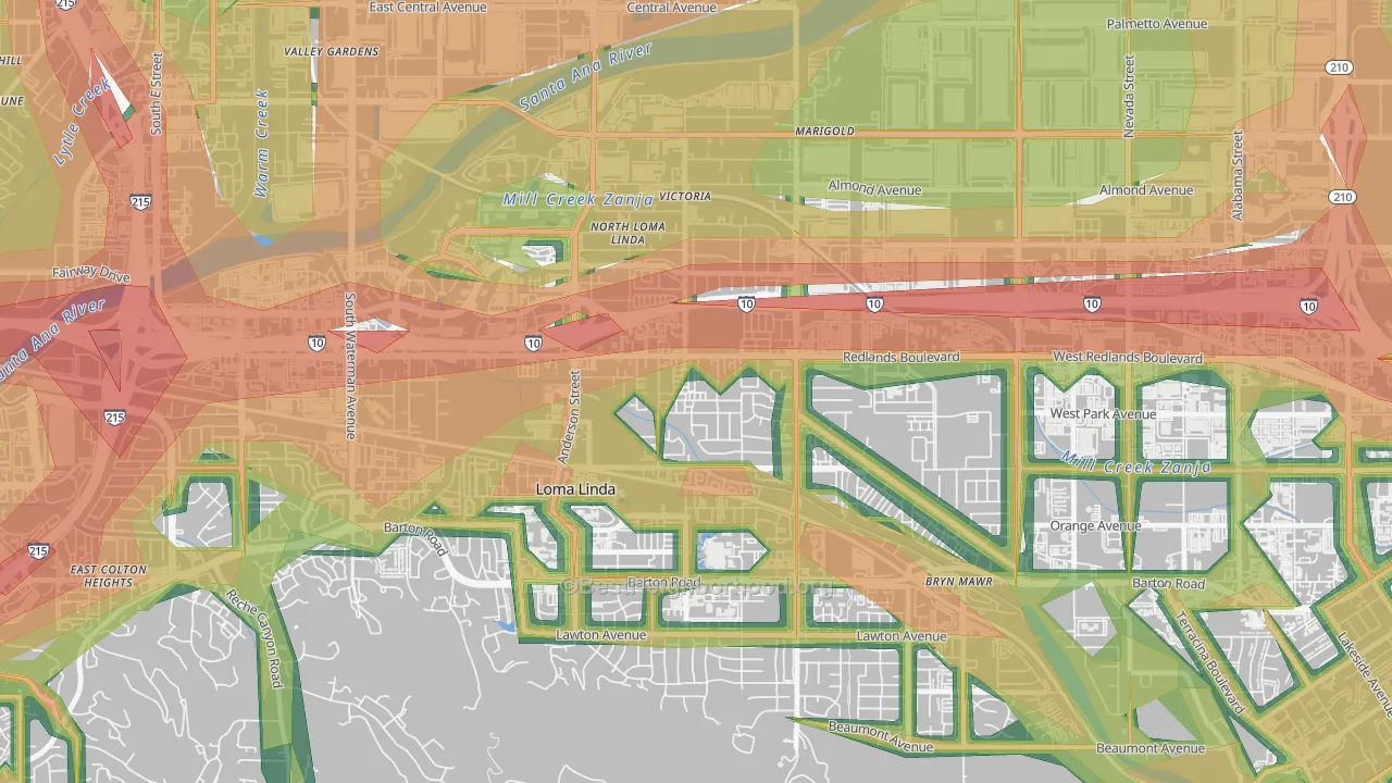 North Central Loma Linda, Loma Linda, CA Map of Noise Levels in North Central Loma Linda