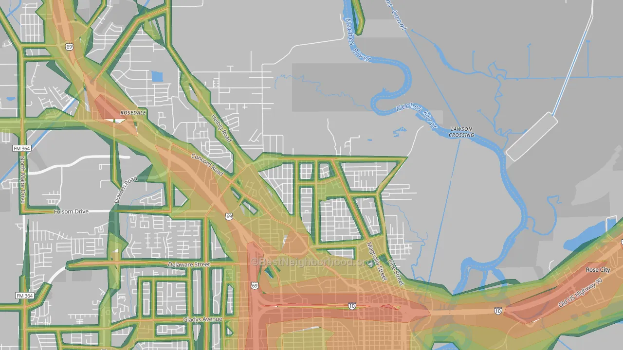 North End, Beaumont, TX Map of Noise Levels in North End