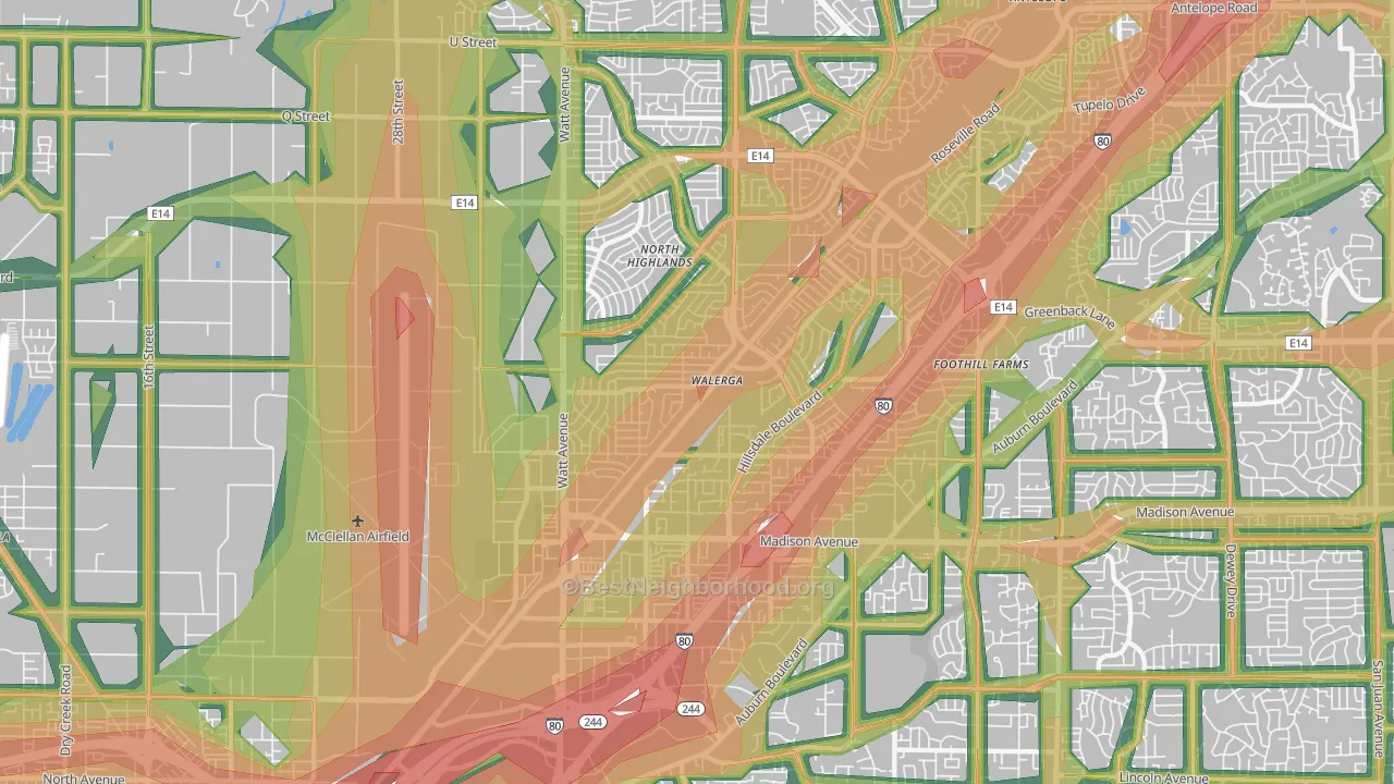 North Highlands, CA Map of Noise Levels in North Highlands