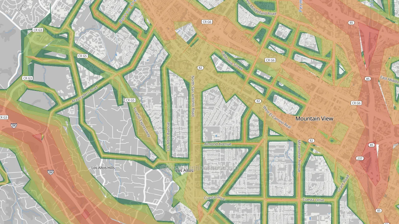 North Los Altos, Los Altos, CA Map of Noise Levels in North Los Altos