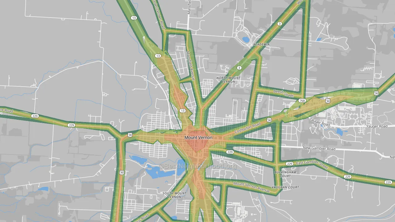 North Main Historic District, Mount Vernon, OH Map of Noise Levels in North Main Historic District