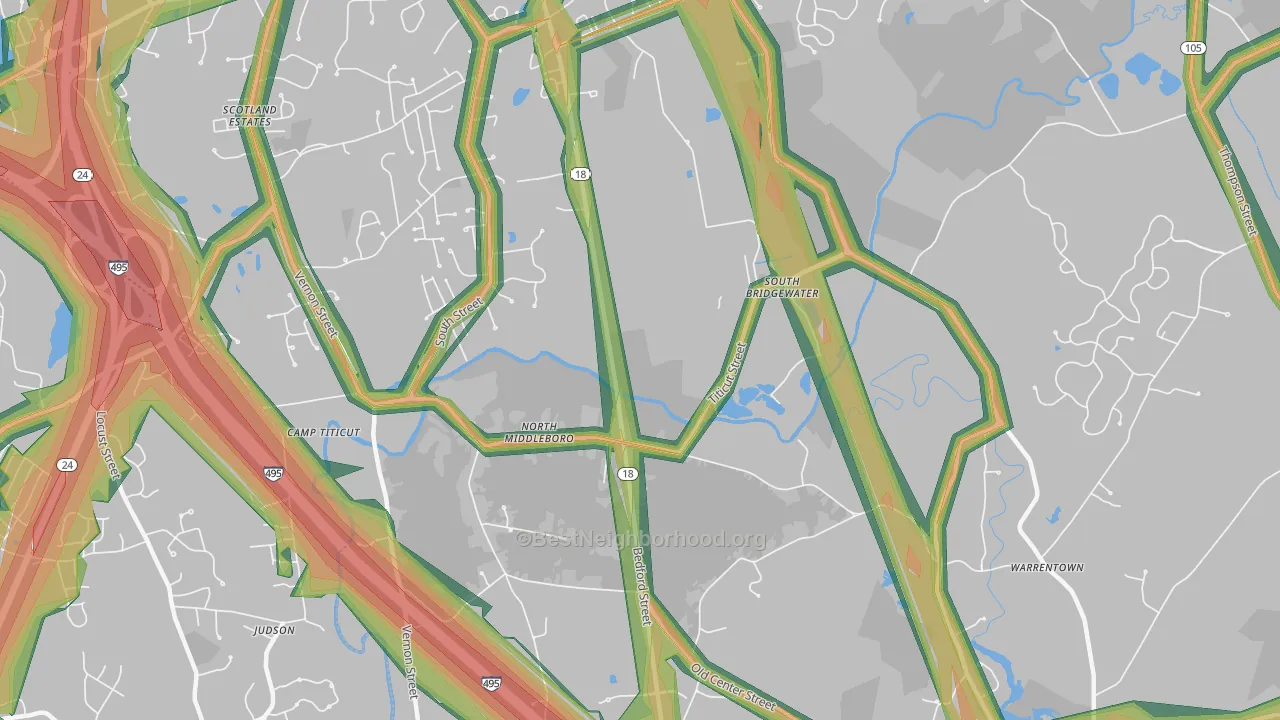 North Middleboro, MA Map of Noise Levels in North Middleboro