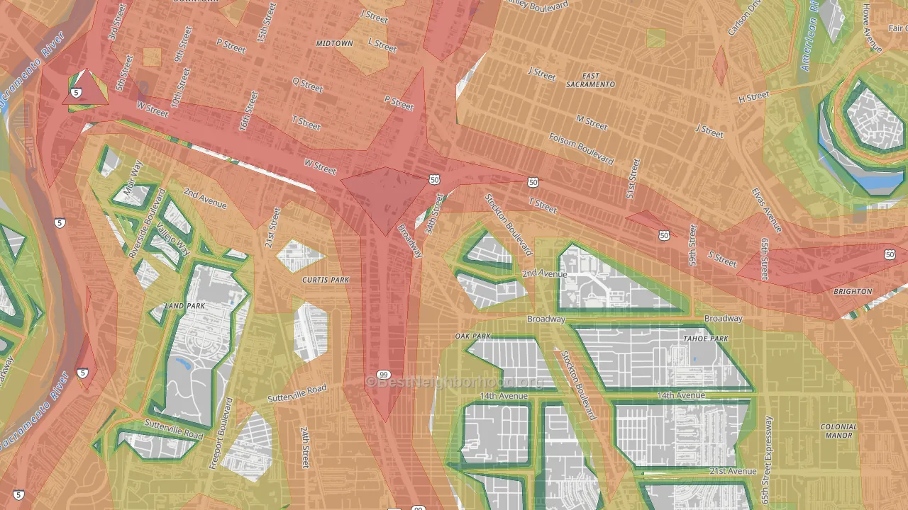 North Oak Park, Sacramento, CA Map of Noise Levels in North Oak Park