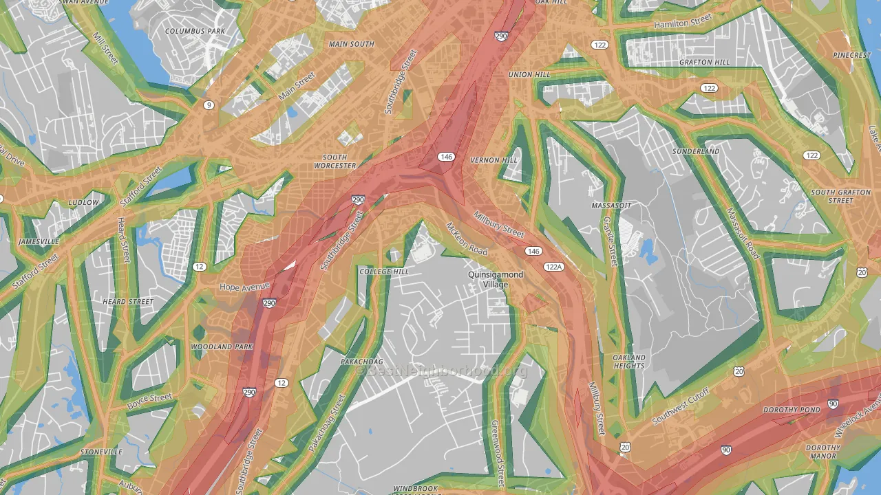 North Quinsigamond Village, Worcester, MA Map of Noise Levels in North Quinsigamond Village
