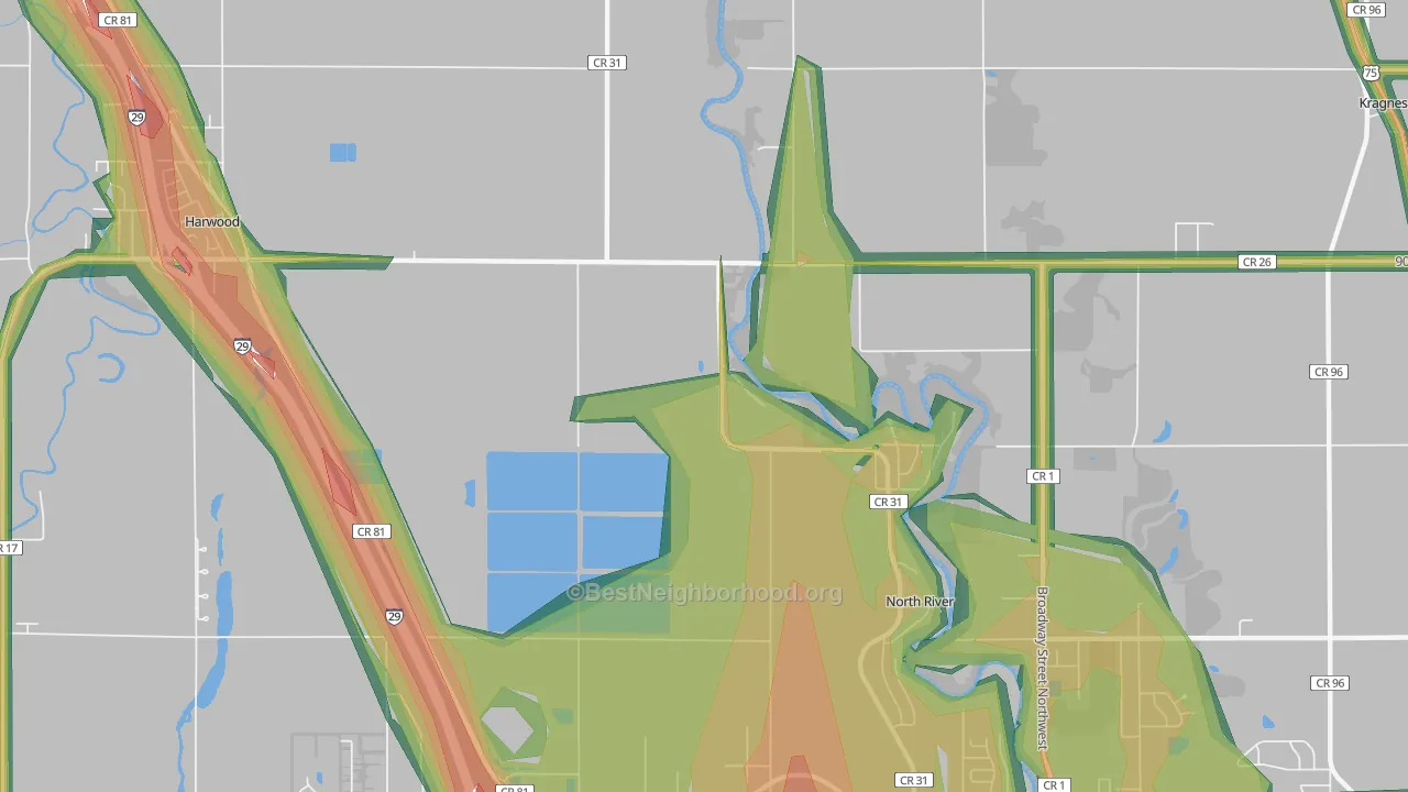 North River, ND Map of Noise Levels in North River
