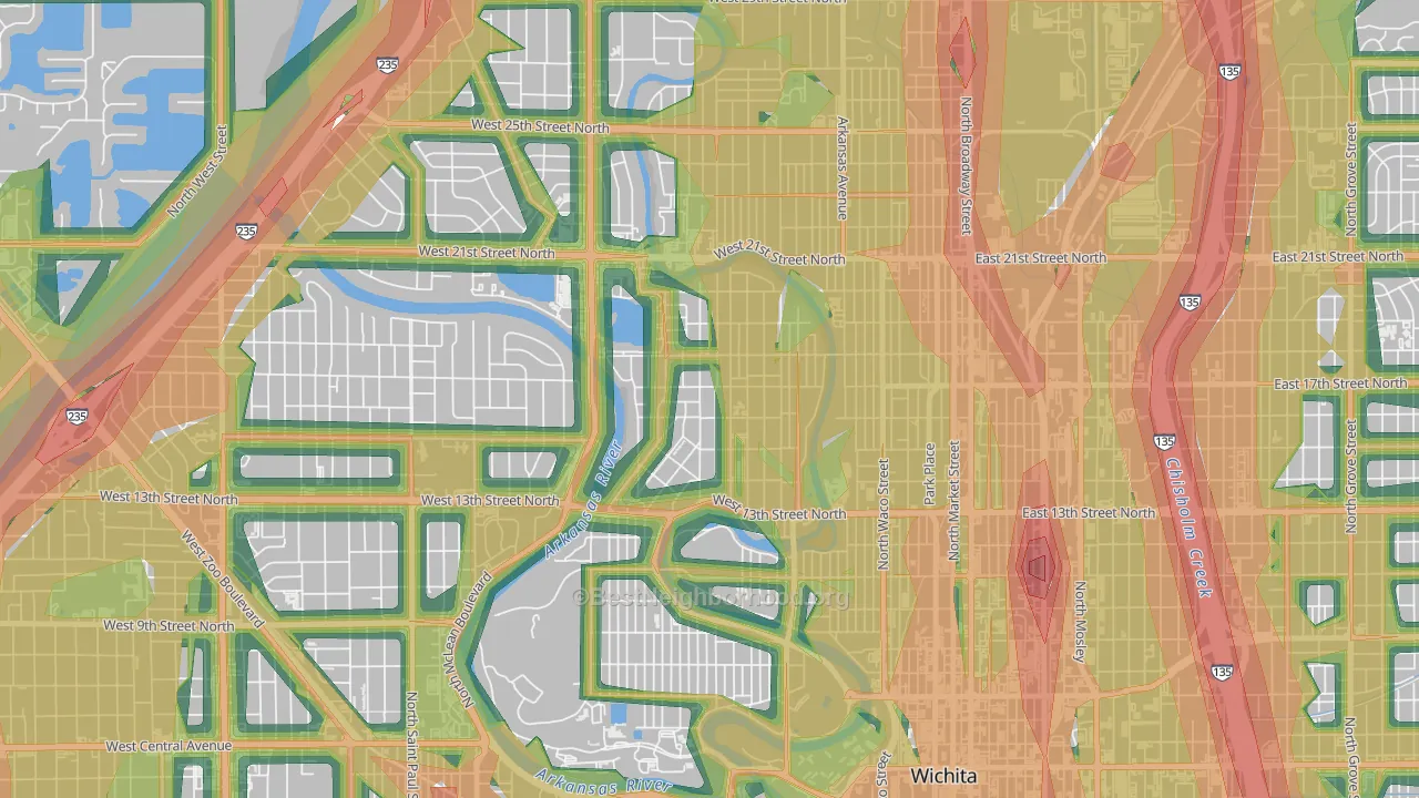 North Riverside, Wichita, KS Map of Noise Levels in North Riverside