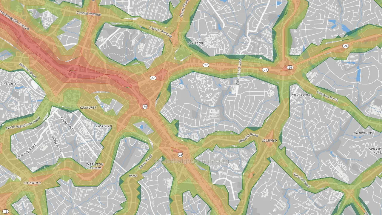 North Sharon Amity, Charlotte, NC Map of Noise Levels in North Sharon Amity