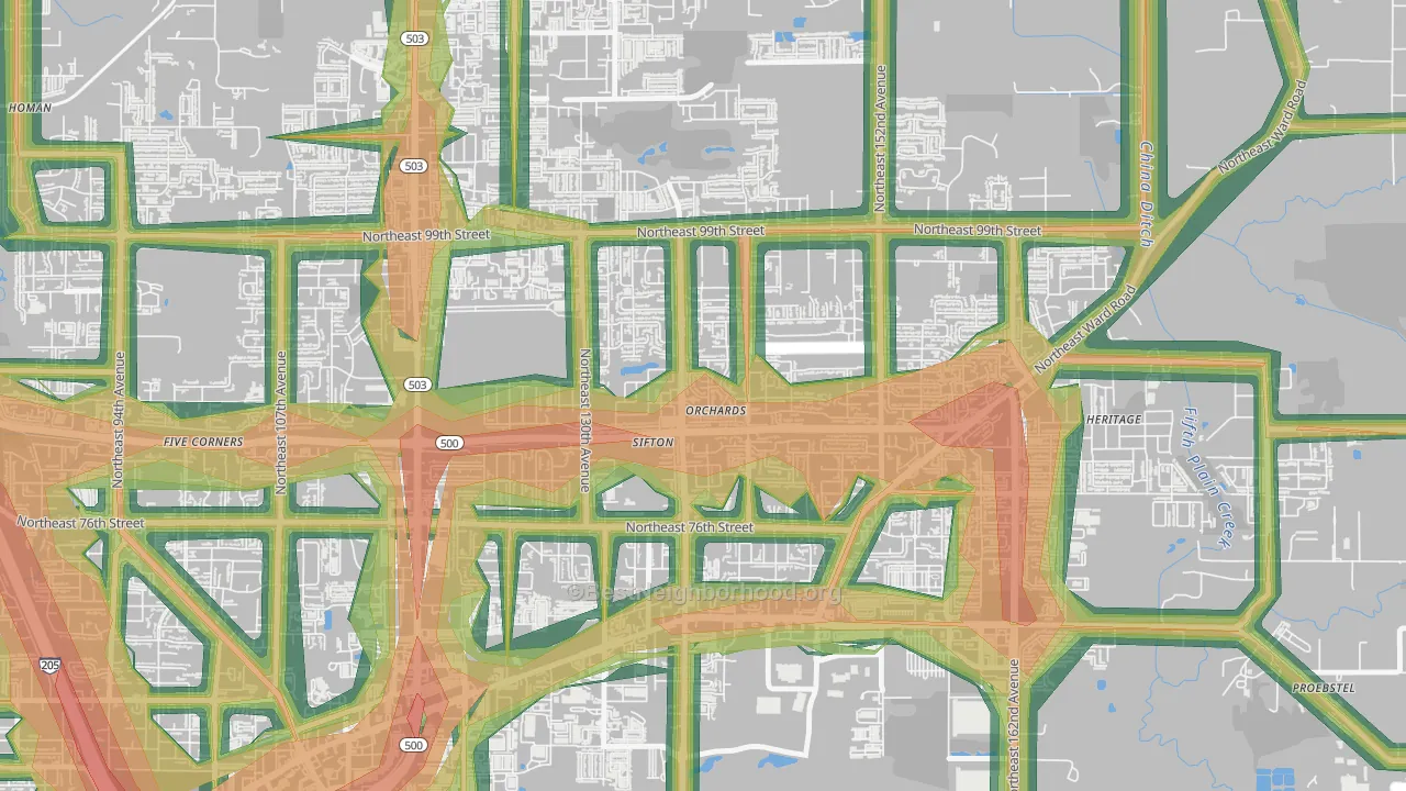 North Sifton-Orchards Area, Orchards, WA Map of Noise Levels in North Sifton-Orchards Area