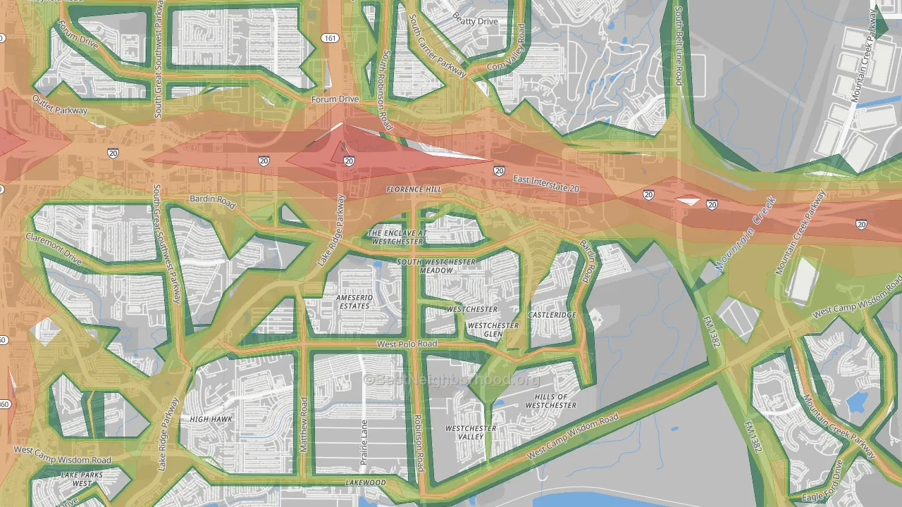 North Westchester Meadows, Grand Prairie, TX Map of Noise Levels in North Westchester Meadows