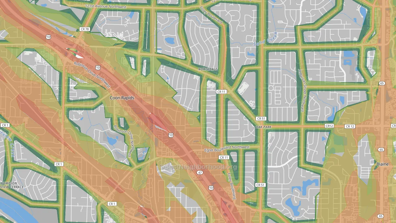 Northdale, Coon Rapids, MN Map of Noise Levels in Northdale