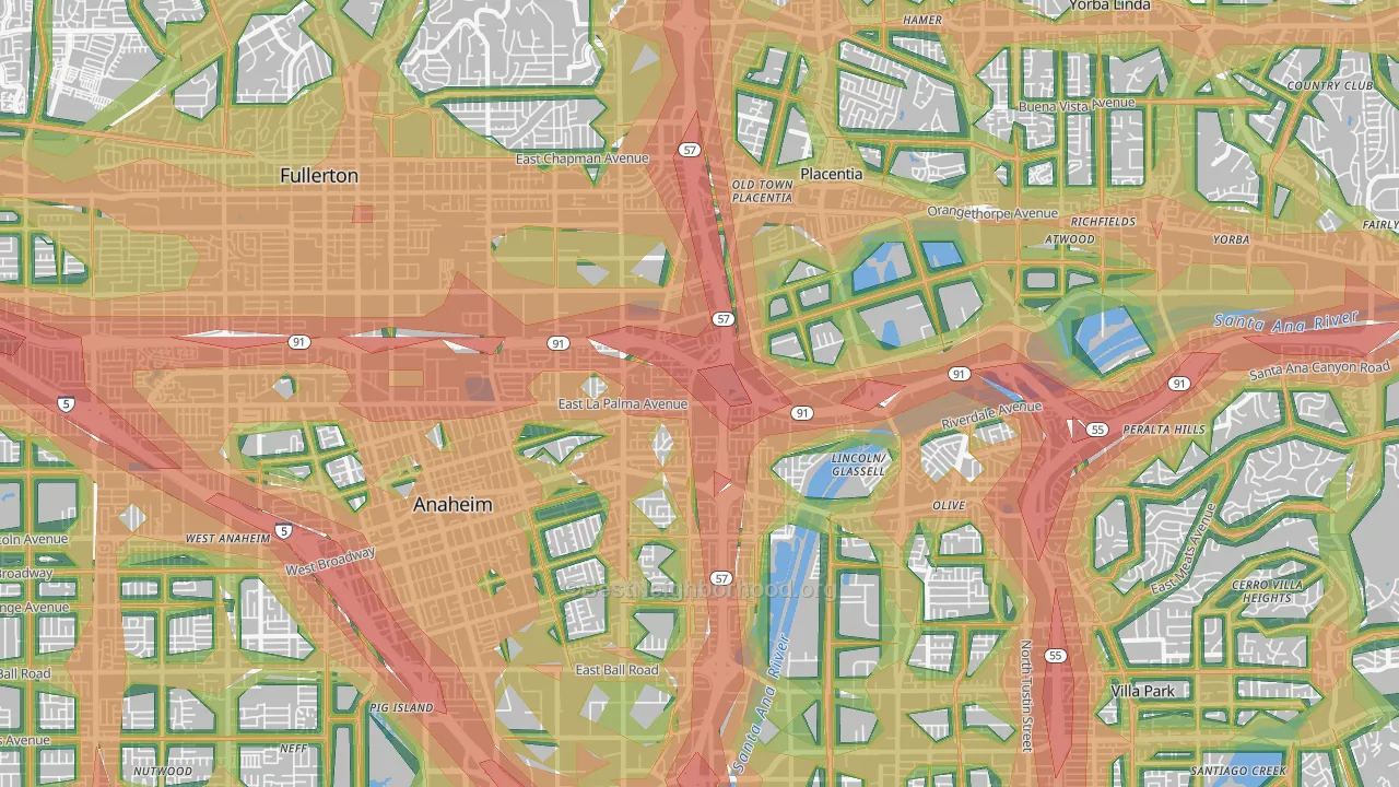 Northeast, Anaheim, CA Map of Noise Levels in Northeast