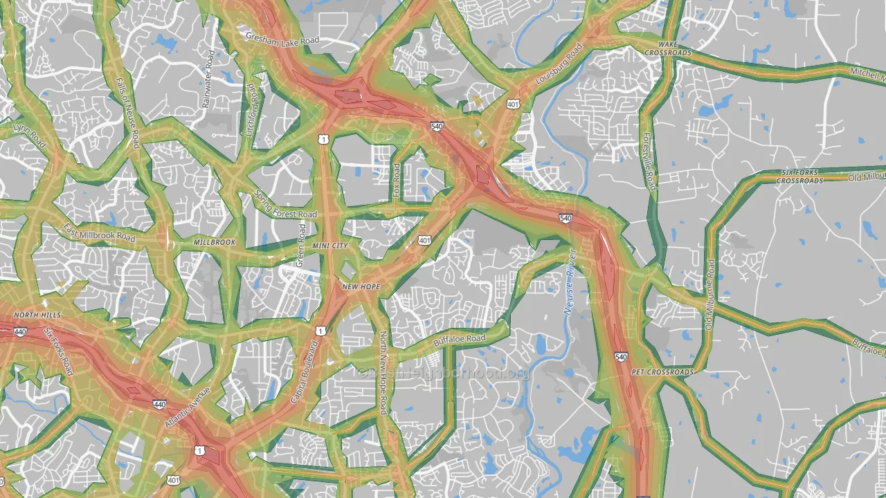 Northeast Raleigh, Raleigh, NC Map of Noise Levels in Northeast Raleigh
