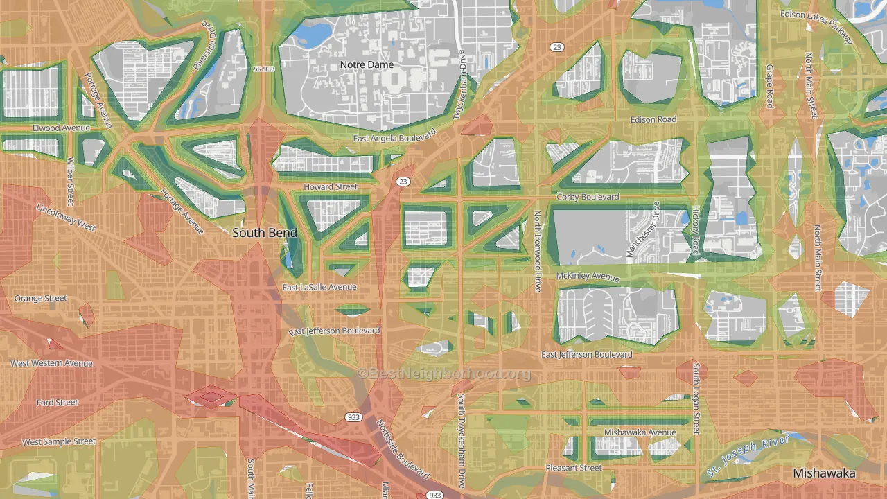 Northeast, South Bend, IN Map of Noise Levels in Northeast