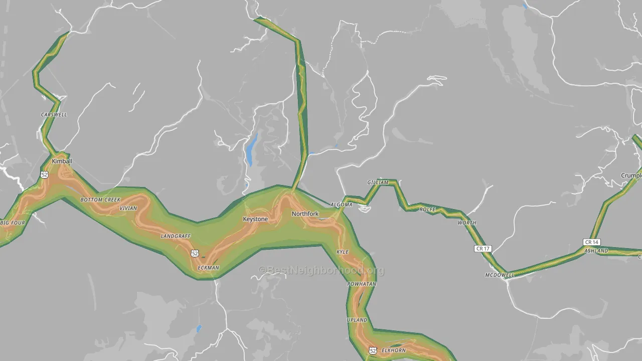 Northfork, WV Map of Noise Levels in Northfork