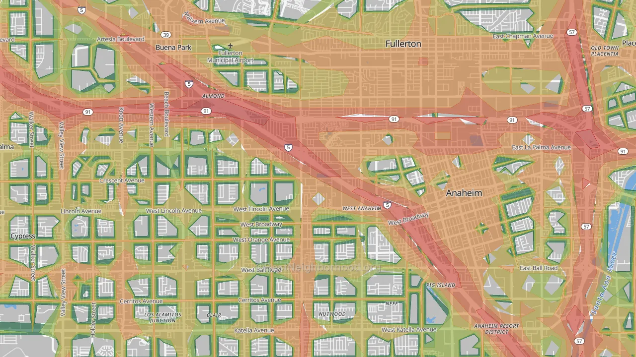 Northwest, Anaheim, CA Map of Noise Levels in Northwest