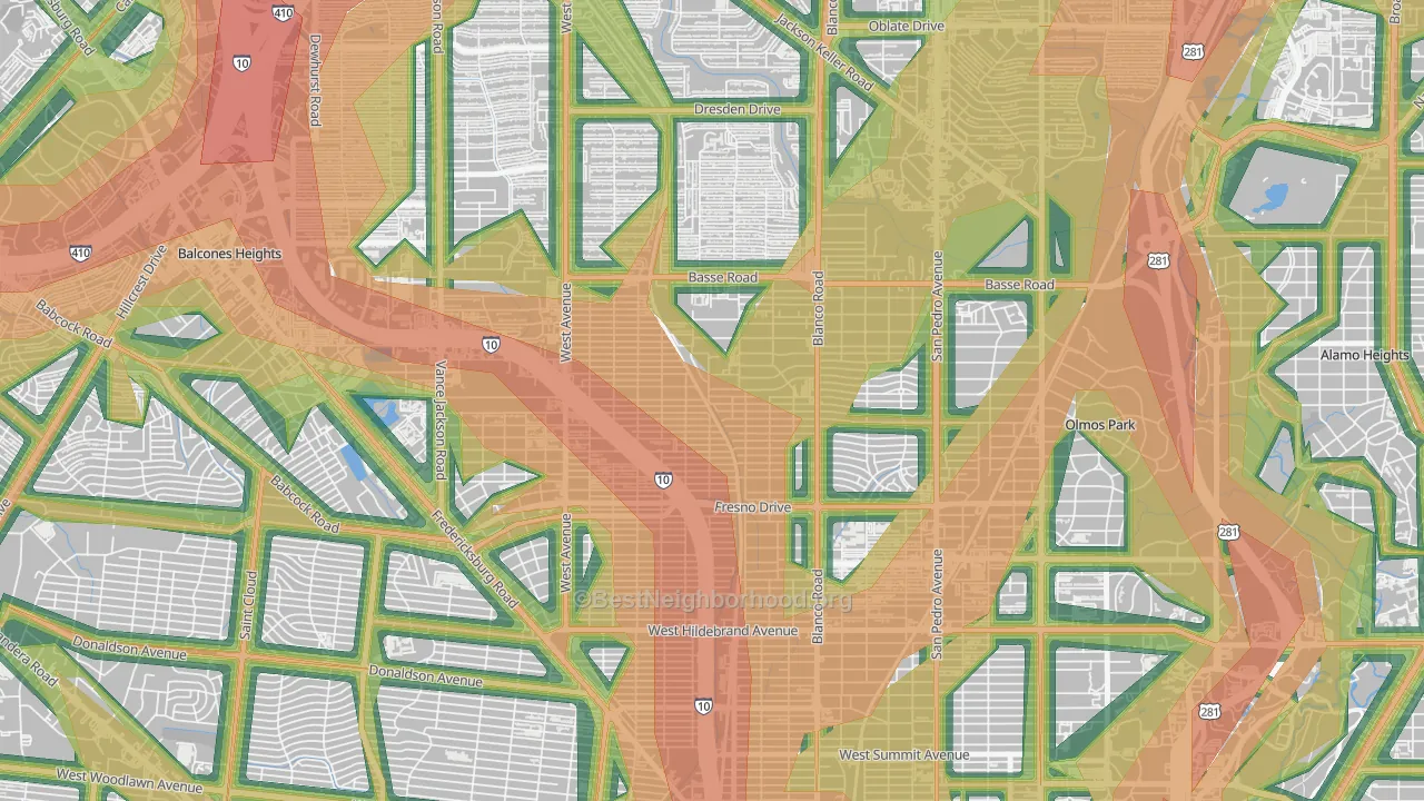 Northwest Los Angeles Heights, San Antonio, TX Map of Noise Levels in Northwest Los Angeles Heights