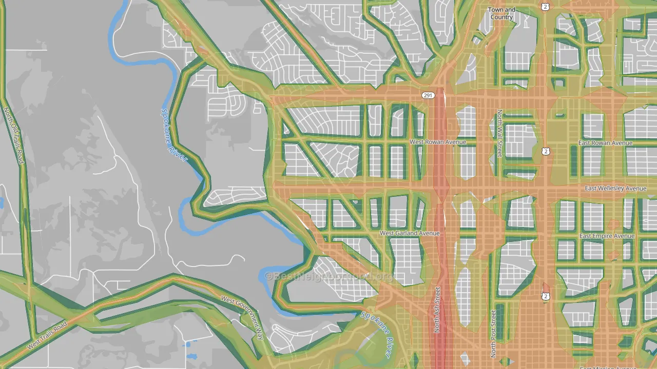 Northwest Spokane, Spokane, WA Map of Noise Levels in Northwest Spokane