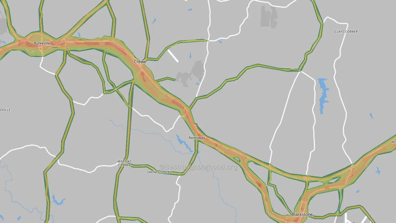 Nottoway County, VA Map of Noise Levels in Nottoway County