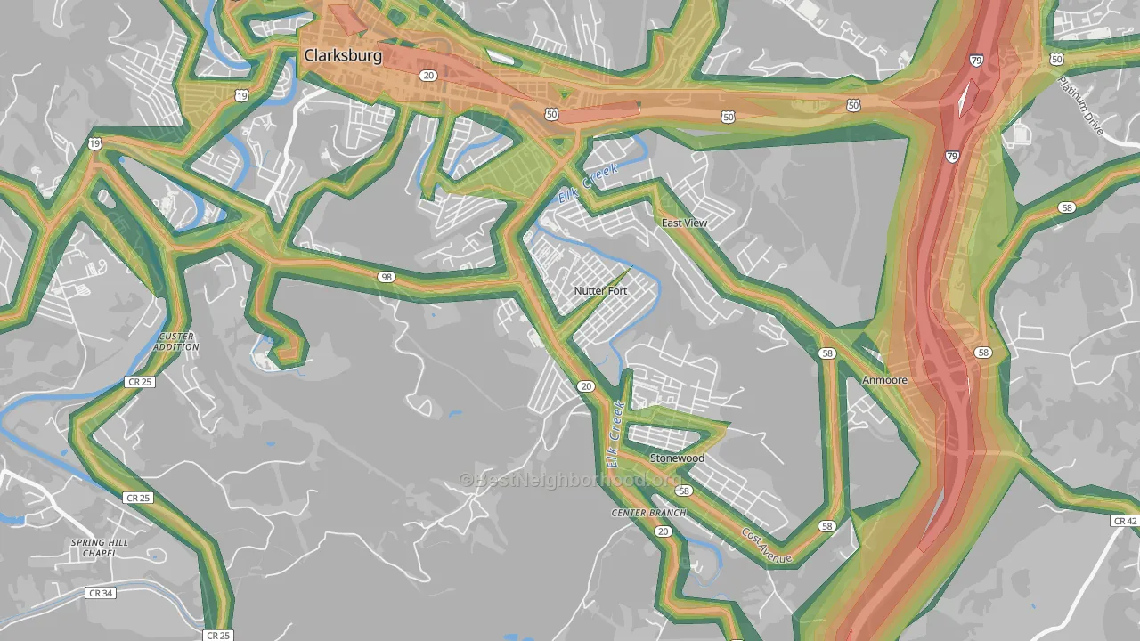 Nutter Fort, WV Map of Noise Levels in Nutter Fort