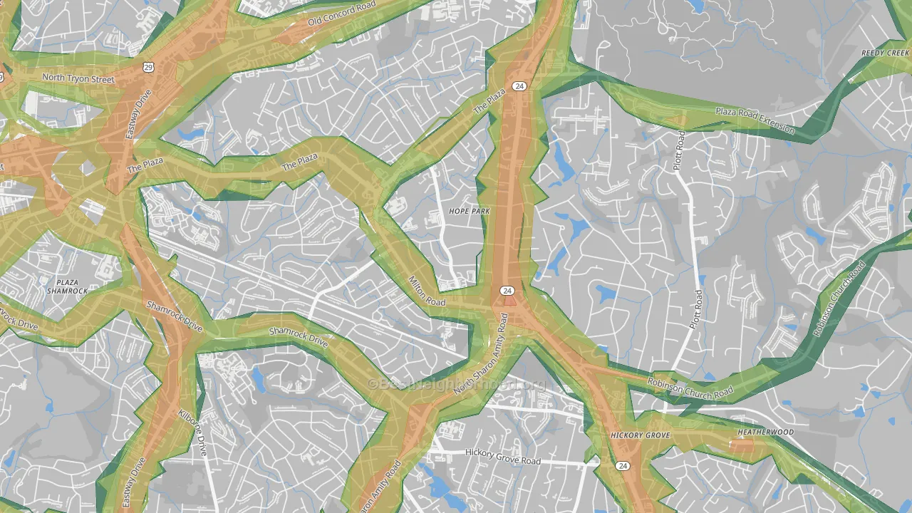 Oak Forest, Charlotte, NC Map of Noise Levels in Oak Forest