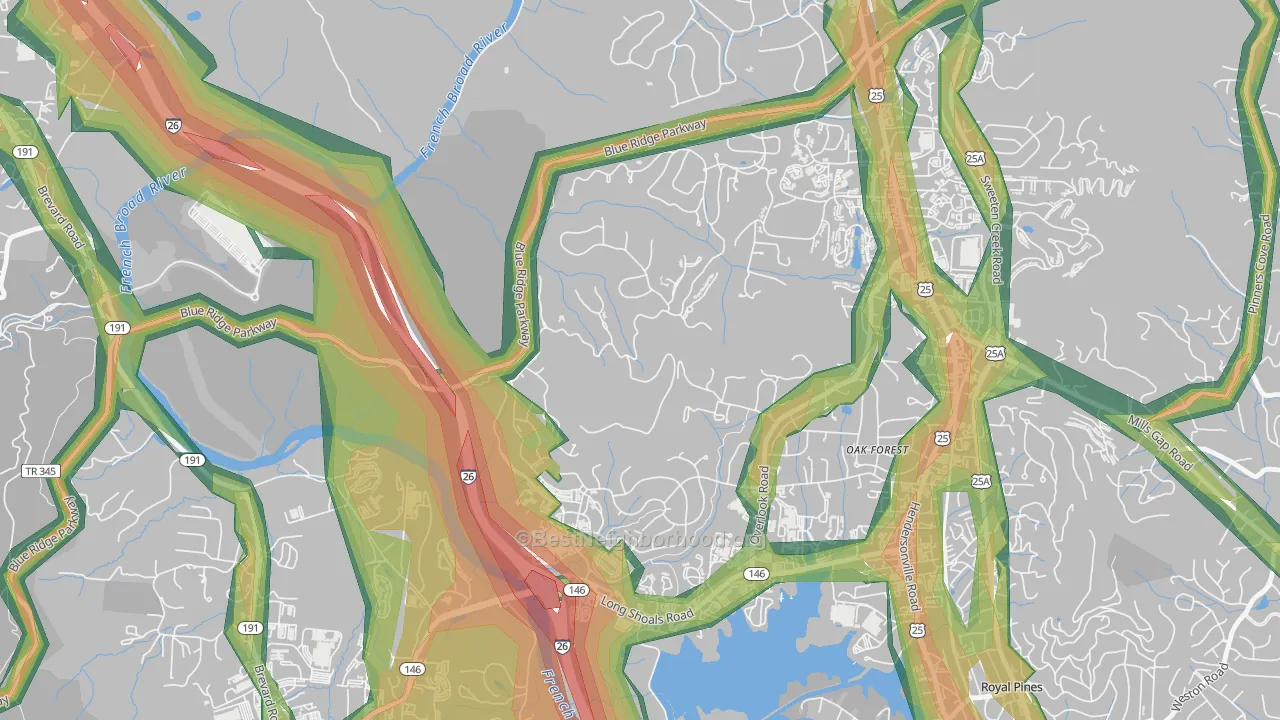 Oak Forest, NC Map of Noise Levels in Oak Forest