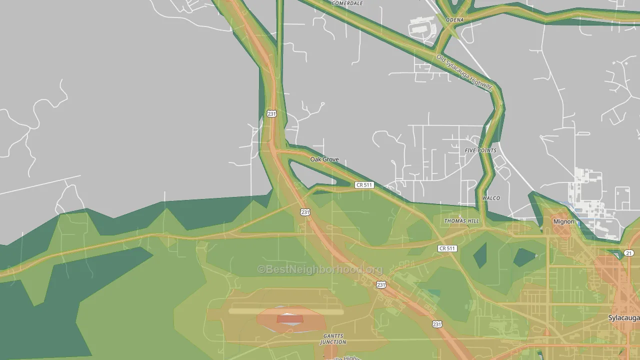 Oak Grove, AL Map of Noise Levels in Oak Grove