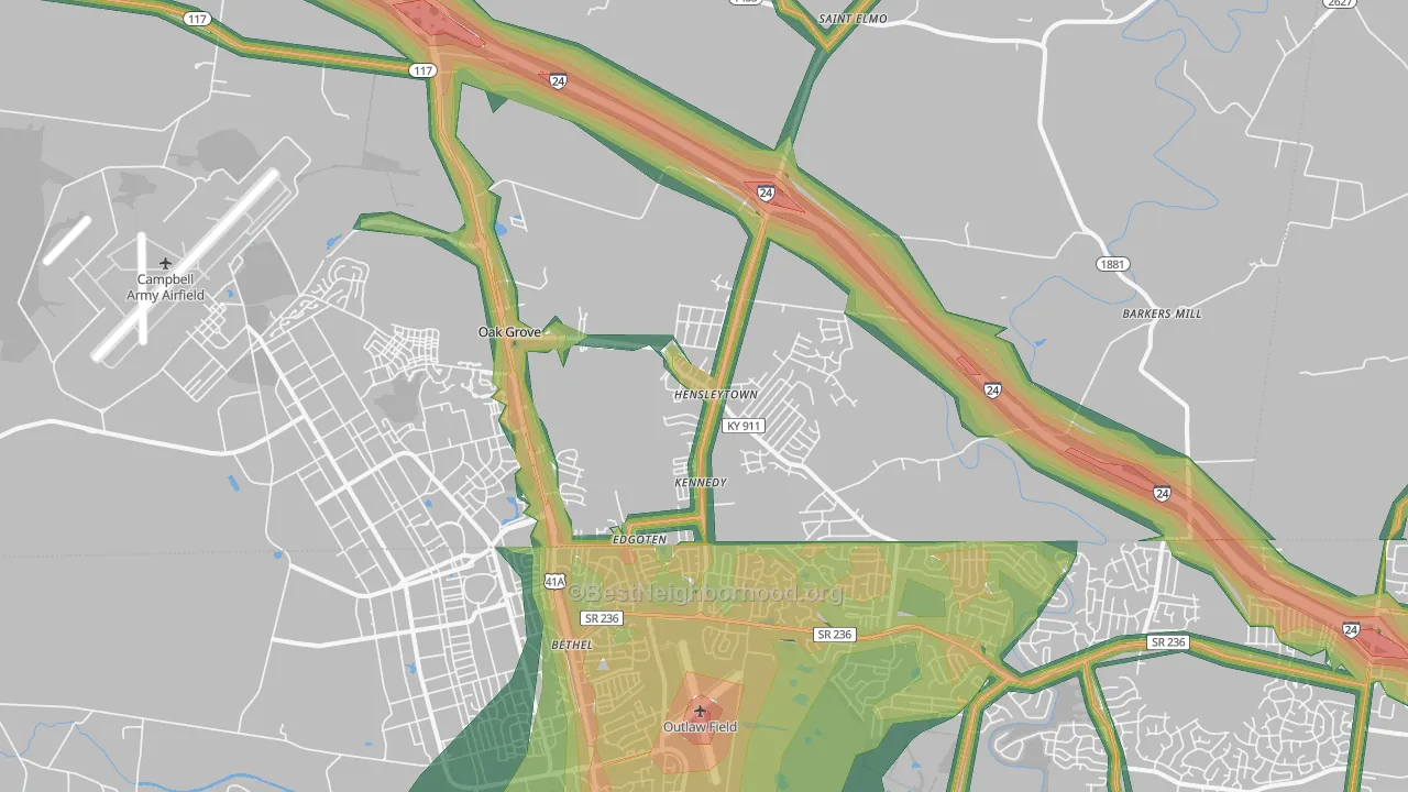 Oak Grove, KY Map of Noise Levels in Oak Grove