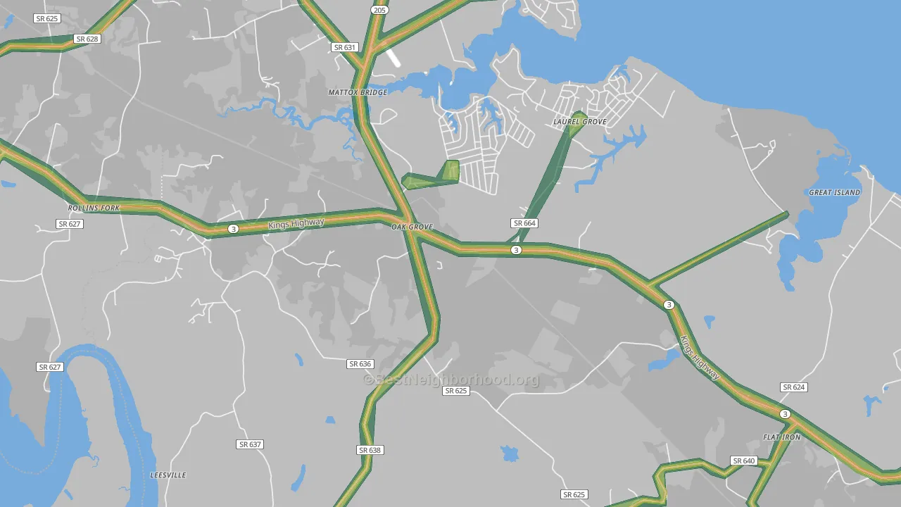 Oak Grove, VA Map of Noise Levels in Oak Grove