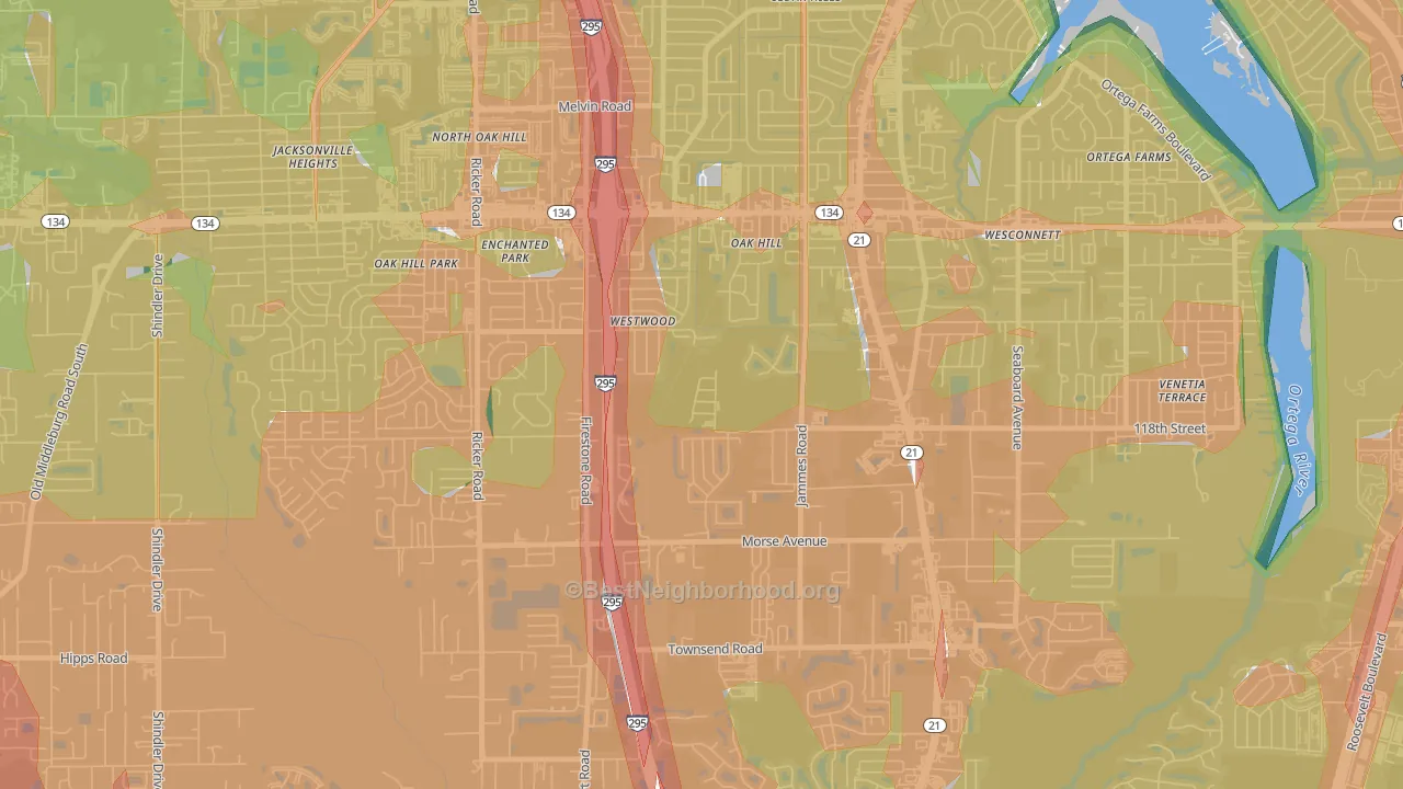 Oak Hill, Jacksonville, FL Map of Noise Levels in Oak Hill