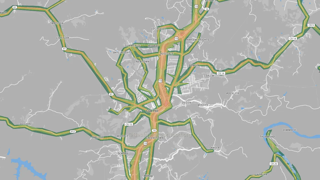 Oak Hill, WV Map of Noise Levels in Oak Hill