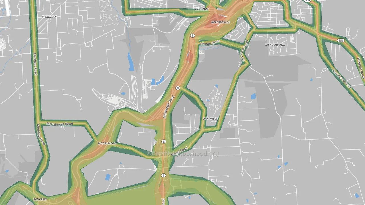 Oak Hills, PA Map of Noise Levels in Oak Hills