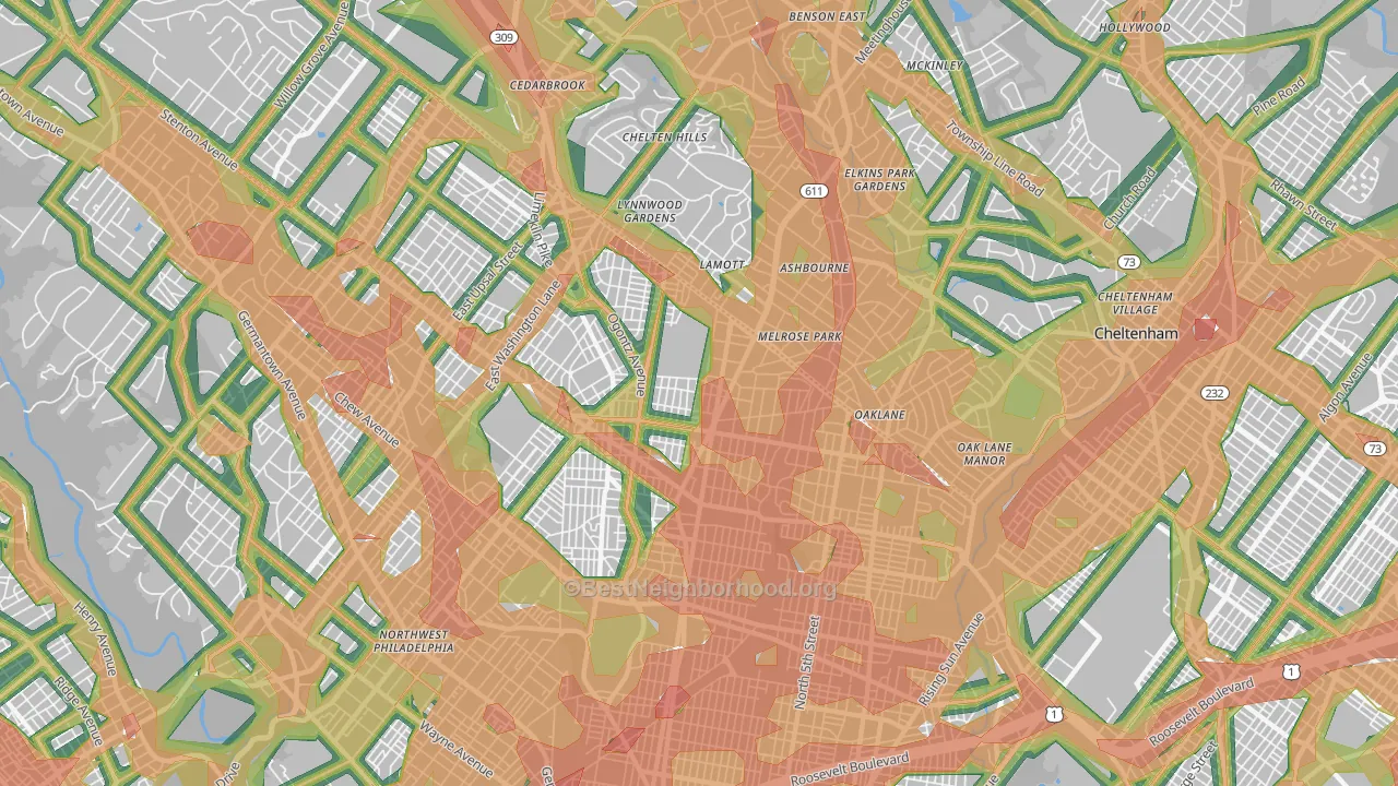 Oak Lane, Philadelphia, PA Map of Noise Levels in Oak Lane