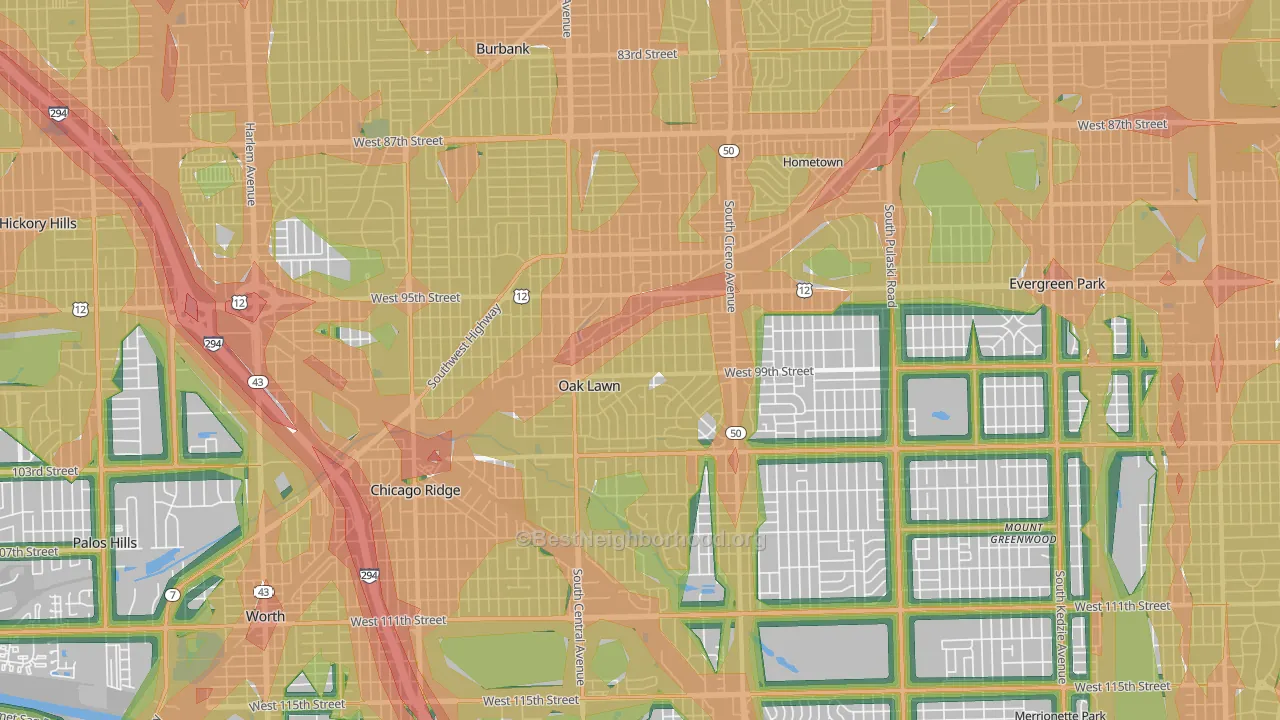 Oak Lawn, IL Map of Noise Levels in Oak Lawn