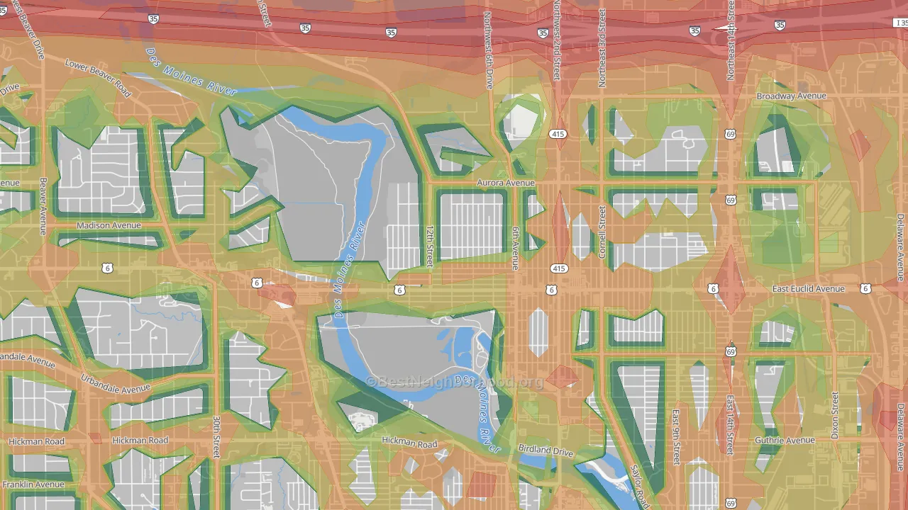 Oak Park, Des Moines, IA Map of Noise Levels in Oak Park