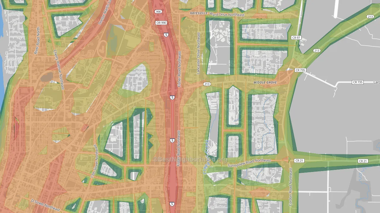 Oak Park, Salem, OR Map of Noise Levels in Oak Park