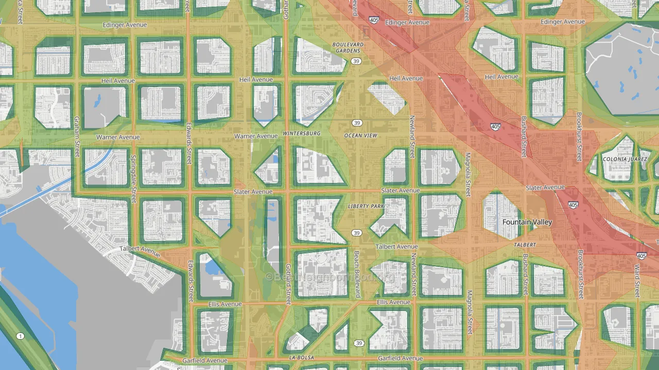 Oak View, Huntington Beach, CA Map of Noise Levels in Oak View