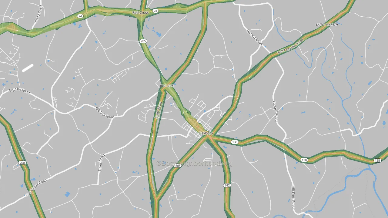 Oakboro, NC Map of Noise Levels in Oakboro