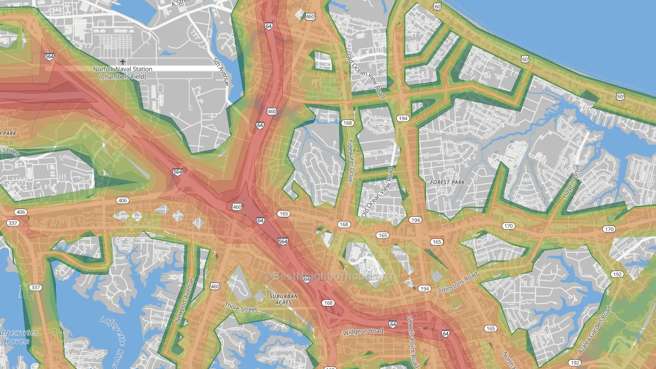 Oakdale Farms, Norfolk, VA Map of Noise Levels in Oakdale Farms