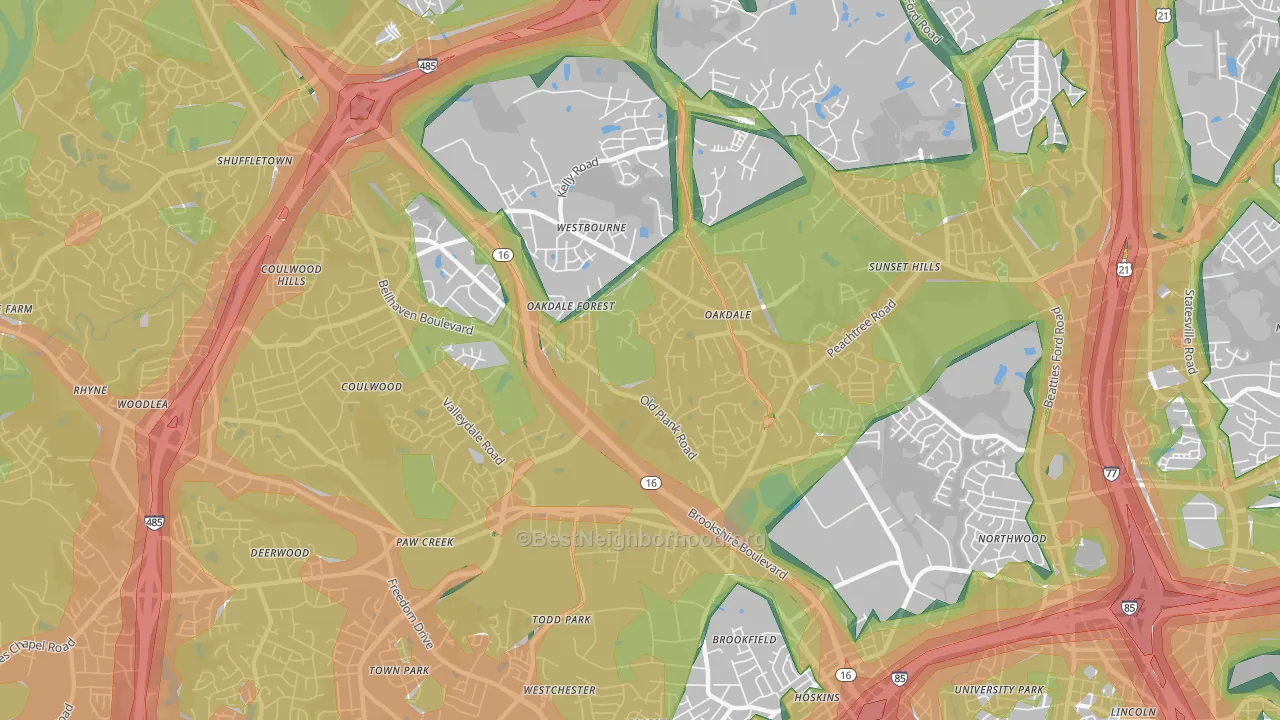Oakdale South, Charlotte, NC Map of Noise Levels in Oakdale South
