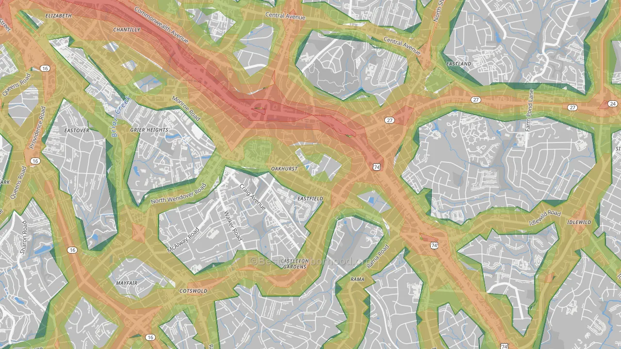 Oakhurst, Charlotte, NC Map of Noise Levels in Oakhurst