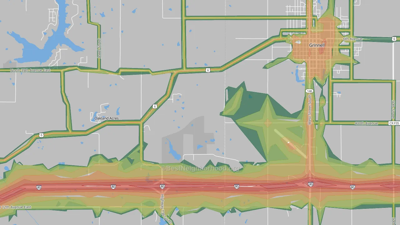 Oakland Acres, IA Map of Noise Levels in Oakland Acres
