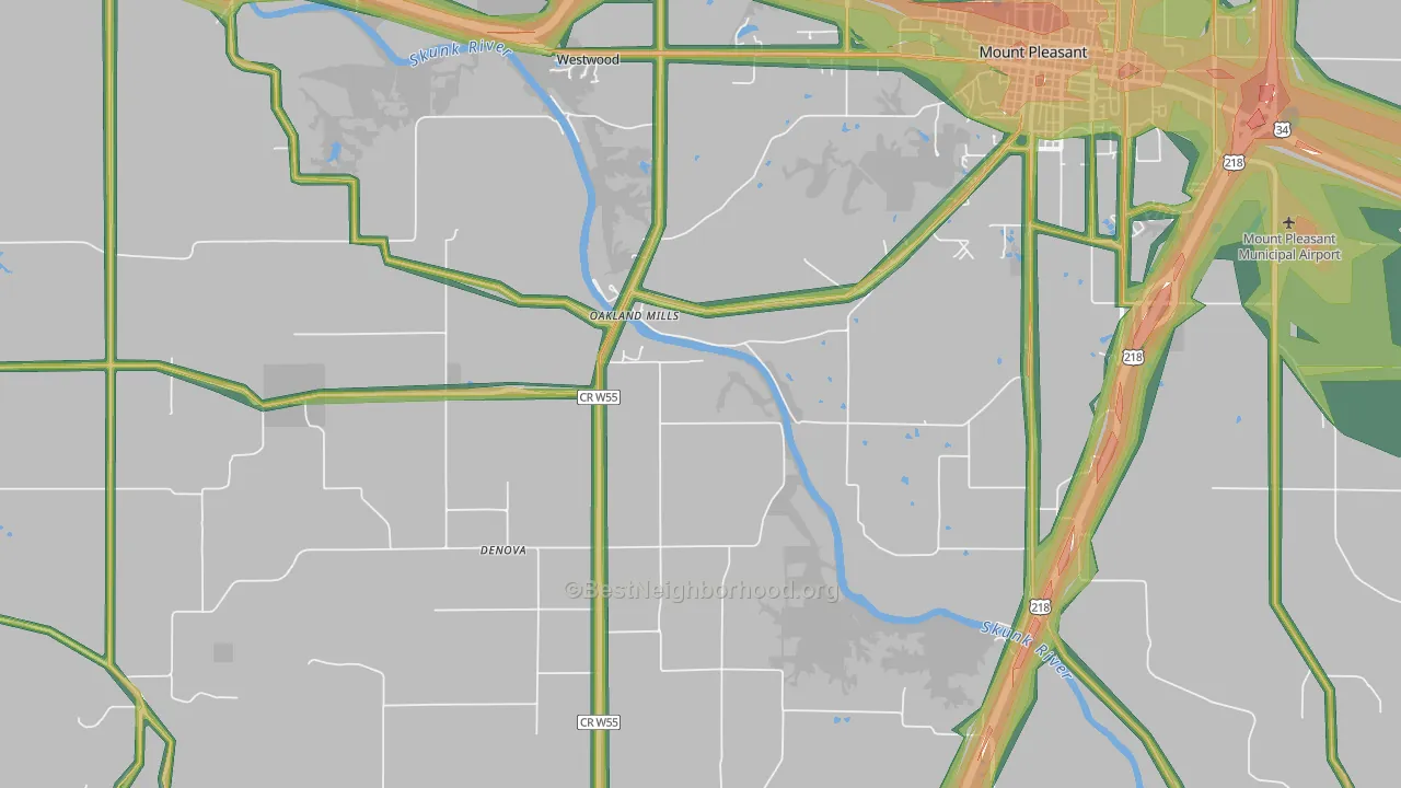 Oakland Mills, IA Map of Noise Levels in Oakland Mills