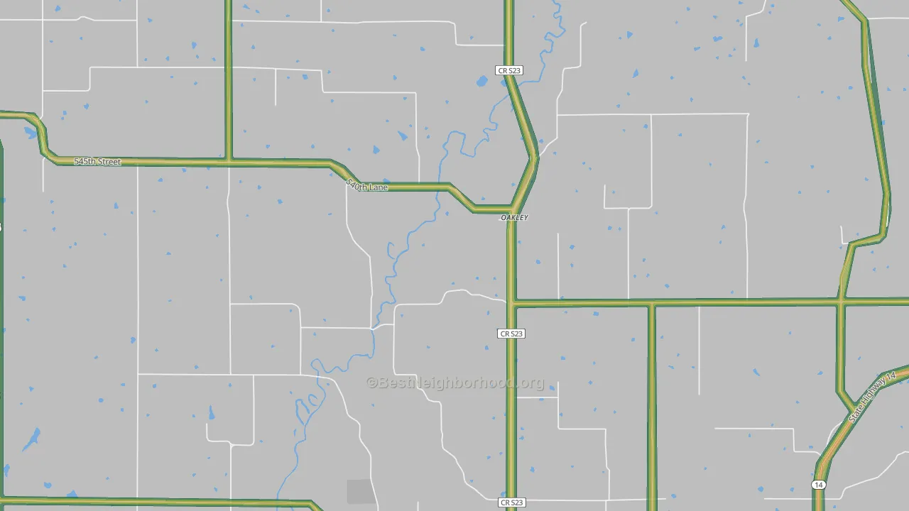 Oakley, IA Map of Noise Levels in Oakley