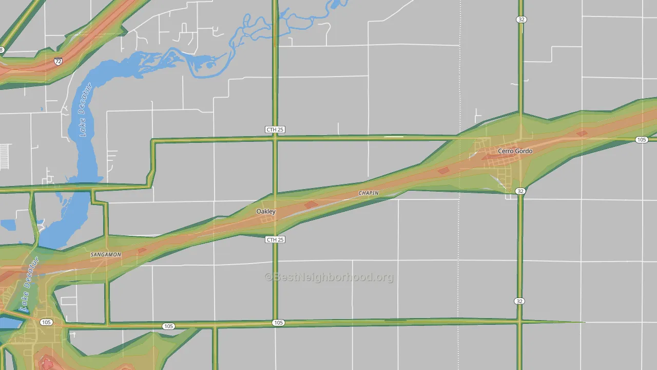 Oakley, IL Map of Noise Levels in Oakley