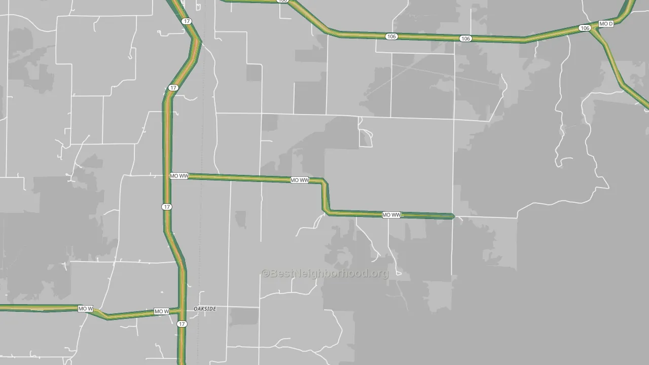 Oakside, MO Map of Noise Levels in Oakside