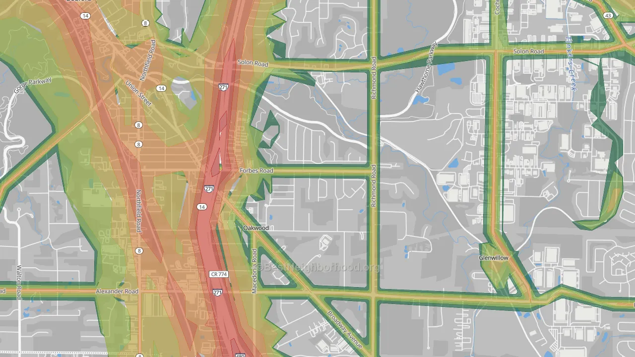 oakwood, Bedford, OH Map of Noise Levels in oakwood