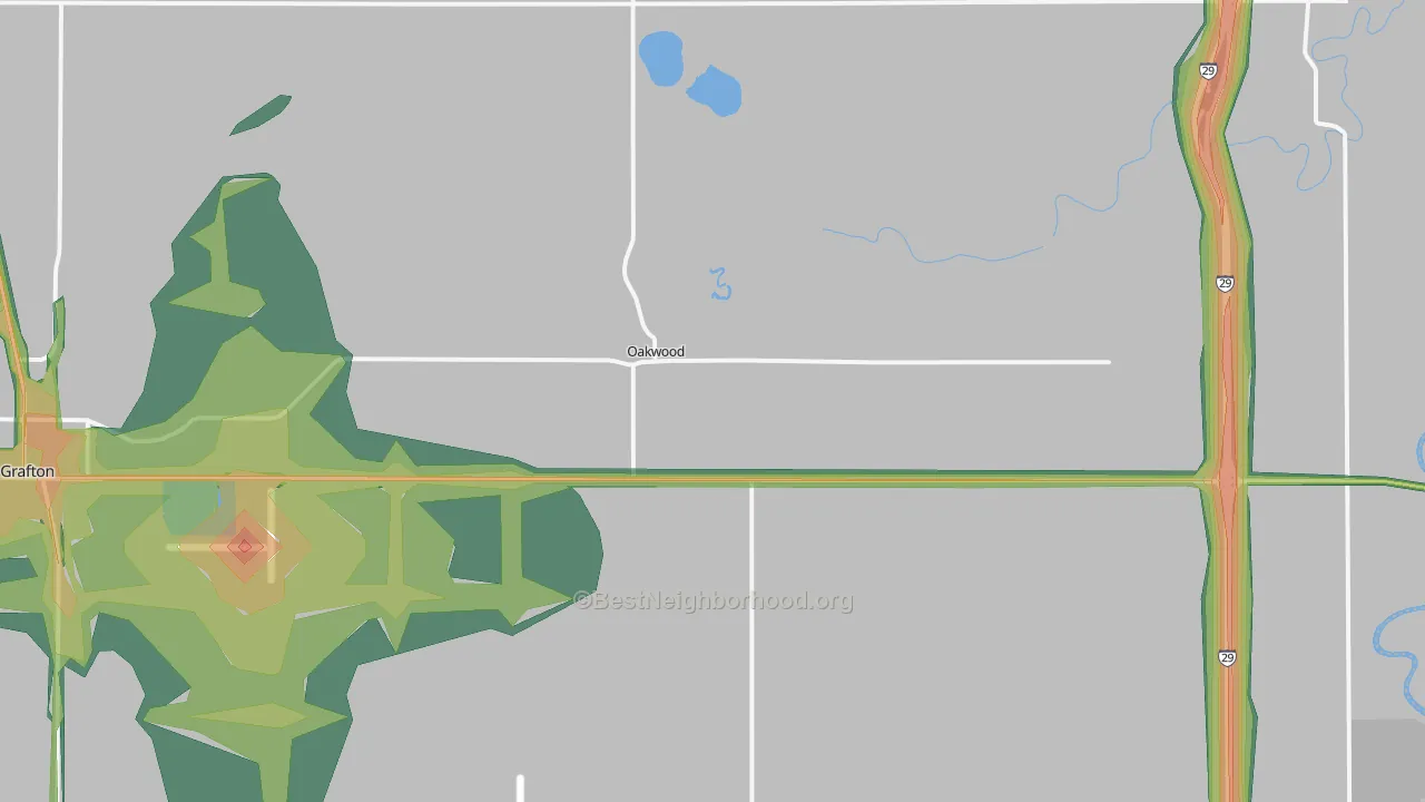 Oakwood, ND Map of Noise Levels in Oakwood