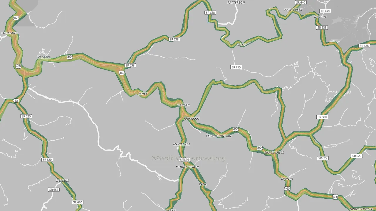 Oakwood, VA Map of Noise Levels in Oakwood