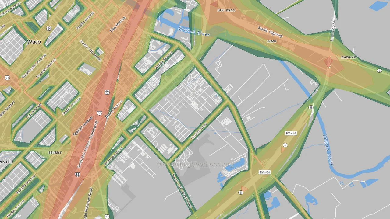 Oakwood, Waco, TX Map of Noise Levels in Oakwood