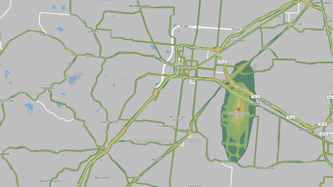 Obion County, TN Map of Noise Levels in Obion County